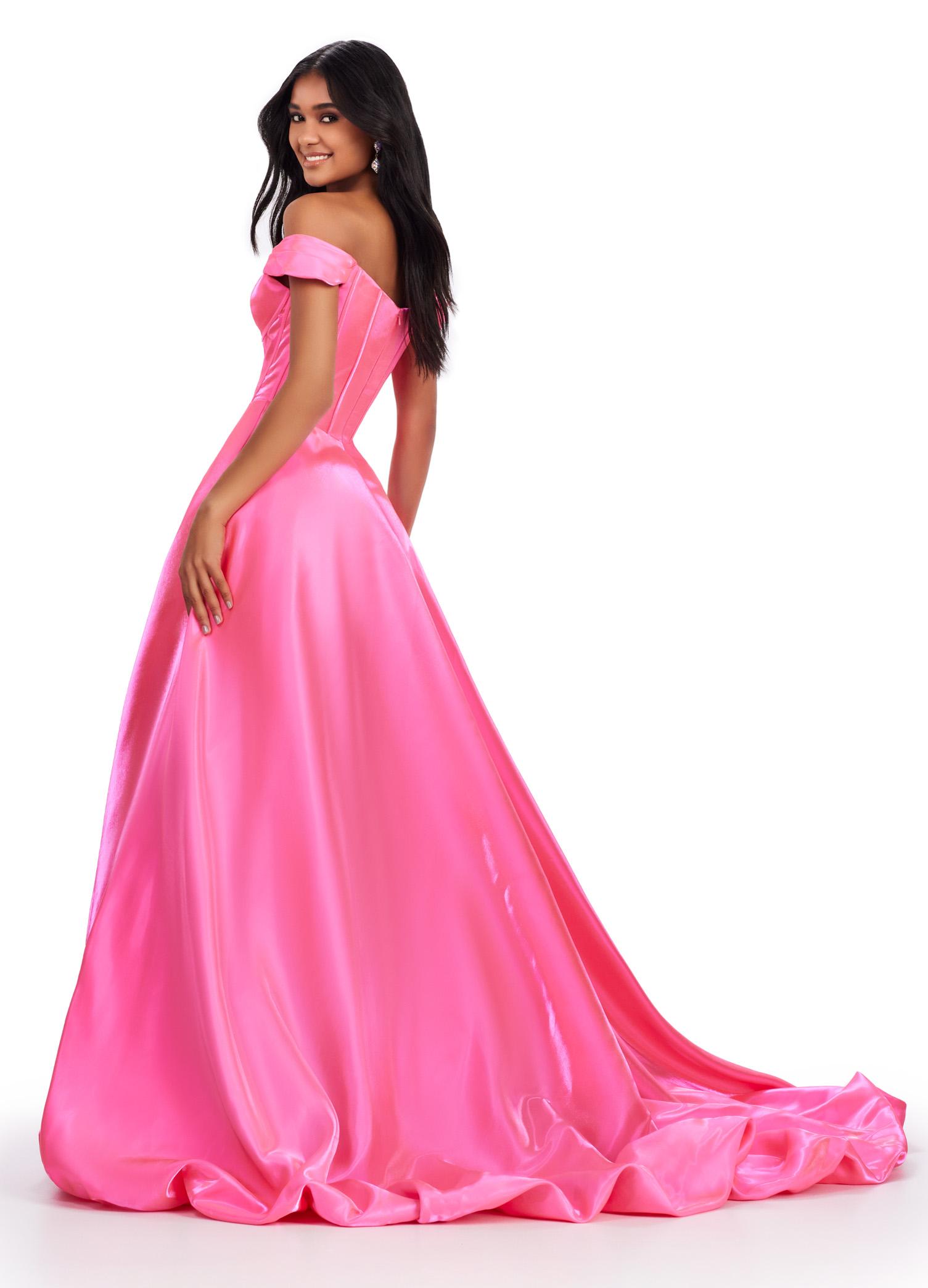 Back view. ASHLEYlauren 11641 Pink Off Shoulder Satin Gown with Illusion V-Neckline, Corset Style Bodice, High-Low Bubble Hem Skirt