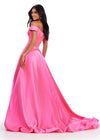 Back view. ASHLEYlauren 11641 Pink Off Shoulder Satin Gown with Illusion V-Neckline, Corset Style Bodice, High-Low Bubble Hem Skirt
