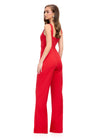 Back view. ASHLEYlauren 11760 Red Scuba Jumpsuit with Spaghetti Straps and Removable Ruffle-Accented Jacket for a Bold, Stylish Look