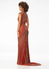 Back view. ASHLEYlauren 1674 Amber fully beaded gown with high neck, cap sleeves, centre slit, and geometric detailing