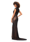 Back view. ASHLEYlauren 1674 Black fully beaded gown with high neck, cap sleeves, centre slit, and geometric detailing