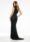 Back view. ASHLEYlauren 1674 Black fully beaded gown with high neck, cap sleeves, centre slit, and geometric detailing