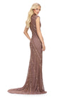 Back view. ASHLEYlauren 1674 Dark Taupe fully beaded gown with high neck, cap sleeves, centre slit, and geometric detailing