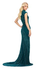 Back view. ASHLEYlauren 1674 Dark Teal fully beaded gown with high neck, cap sleeves, centre slit, and geometric detailing