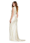 Back view. ASHLEYlauren 1674 Gold/Ivory fully beaded gown with high neck, cap sleeves, centre slit, and geometric detailing