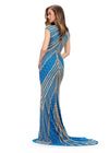 Back view. ASHLEYlauren 1674 Gold/Peacock fully beaded gown with high neck, cap sleeves, centre slit, and geometric detailing