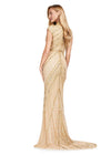 Back view. ASHLEYlauren 1674 Gold fully beaded gown with high neck, cap sleeves, centre slit, and geometric detailing