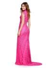 ASHLEYlauren 1674 Hot Pink fully beaded gown with high neck, cap sleeves, centre slit, and geometric detailing Back view.