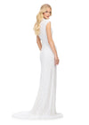 Back view. ASHLEYlauren 1674 Ivory fully beaded gown with high neck, cap sleeves, centre slit, and geometric detailing