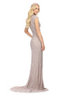 Back view. ASHLEYlauren 1674 Marble fully beaded gown with high neck, cap sleeves, centre slit, and geometric detailing
