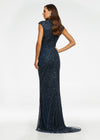 Back view. ASHLEYlauren 1674 Navy fully beaded gown with high neck, cap sleeves, centre slit, and geometric detailing