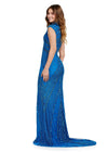 Back view. ASHLEYlauren 1674 Peacock fully beaded gown with high neck, cap sleeves, centre slit, and geometric detailing
