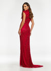 Back view. ASHLEYlauren 1674 Red fully beaded gown with high neck, cap sleeves, centre slit, and geometric detailing