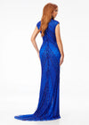 Back view. ASHLEYlauren 1674 Royal fully beaded gown with high neck, cap sleeves, centre slit, and geometric detailing