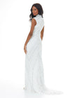 Back view. ASHLEYlauren 1674 Silver/Ivory fully beaded gown with high neck, cap sleeves, centre slit, and geometric detailing