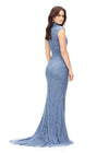 Back view. ASHLEYlauren 1674 Vintage Blue fully beaded gown with high neck, cap sleeves, centre slit, and geometric detailing