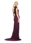 Back view. ASHLEYlauren 1674 Wine fully beaded gown with high neck, cap sleeves, centre slit, and geometric detailing