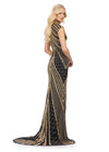 Back view. ASHLEYlauren 1674 black and gold fully beaded gown with high neck, cap sleeves, centre slit, and geometric detailing