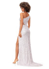 Back view. Ab Blush/Ivory ASHLEYlauren 11288 stunning one shoulder fully hand-beaded gown featuring modern cut outs, criss cross waist straps, a left leg slit, and a sweep train for a bold and statement-making entrance.