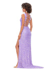 Back view. Ab/Orchid ASHLEYlauren 11373 stunning fitted gown featuring a deep V-neckline, lace-up open back, fully hand-beaded design, and a left leg slit, available in vibrant colors for a bold and head-turning look.
