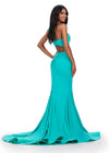 Back view. Aqua ASHLEYlauren 11646 Two-Piece Scuba Gown with Ruched One Shoulder Top, Fitted Skirt, and Structured Horsehair Hem