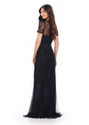 Back view. Black ASHLEYlauren 11215 Fully Hand Beaded Gown with Illusion Sweetheart Neckline, Intricate Sequin Motif, Short Sleeves, and Godet-Accented Mermaid Skirt
