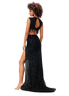 Back view. Black ASHLEYlauren 11282 glamorous two-piece fully sequin gown featuring a crew neckline, cap sleeves, intricate bead pattern draping from the bustier, and a fitted skirt with a left leg slit for a vintage-inspired, show-stopping look.