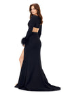 Back view. Black ASHLEYlauren 11308 striking scuba gown featuring a deep V-neckline, criss-cross cut out bodice, crystal waistline, long sleeves adorned with heat-set stones and feather trim, a fitted skirt, and a left leg slit for a bold and glamorous statement look.