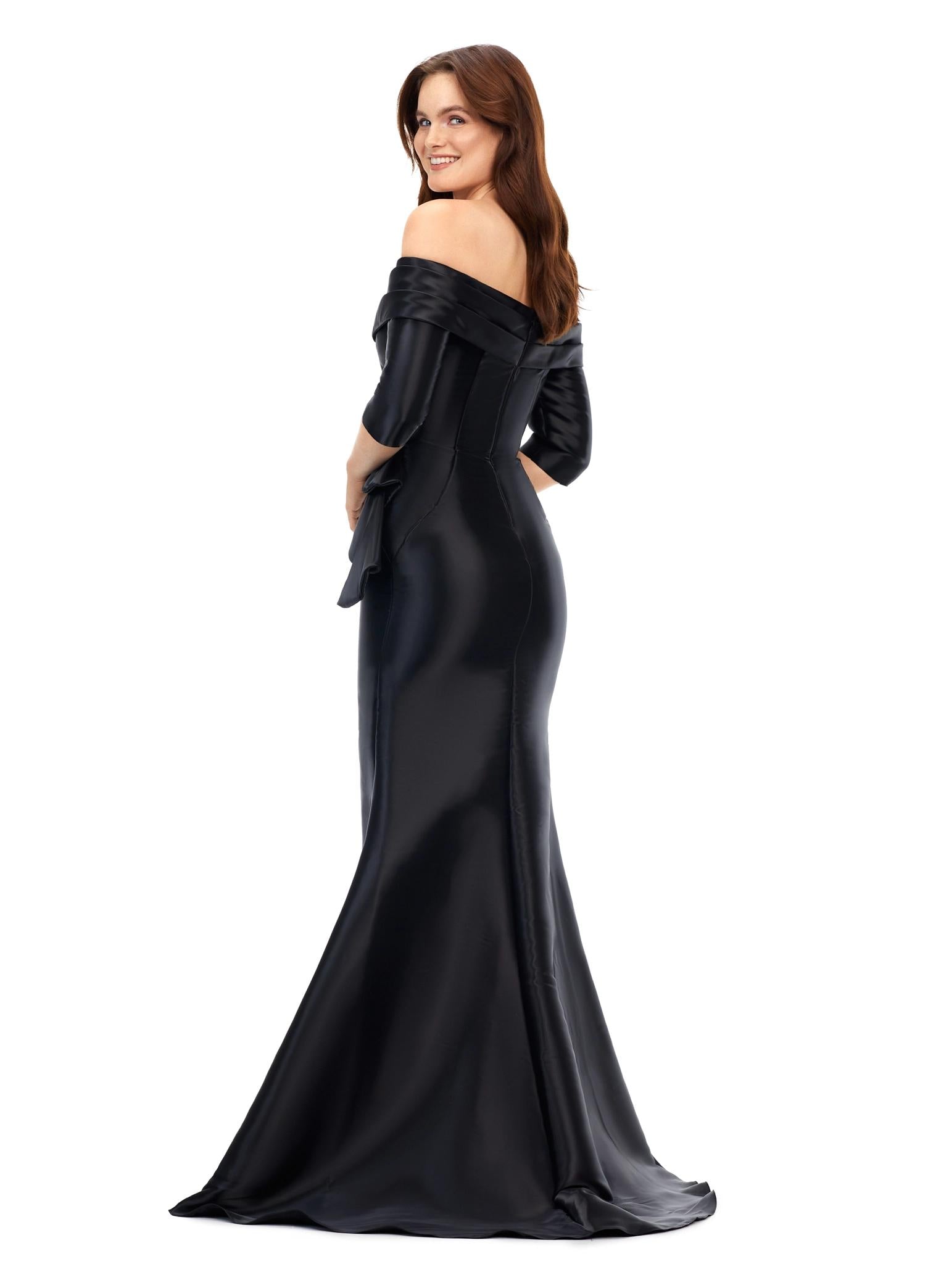 Back view. Black ASHLEYlauren 11324 Elegant Off Shoulder Fitted Mermaid Gown in Phantom Satin with Statement Ruffle Detail at the Hip