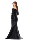 Back view. Black ASHLEYlauren 11324 Elegant Off Shoulder Fitted Mermaid Gown in Phantom Satin with Statement Ruffle Detail at the Hip
