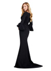 Back view. Black ASHLEYlauren 11325 Timeless Evening Gown with Scoop Neckline, Flutter Three Quarter Length Sleeves, Ruched Detailing, and Flowing Sweep Train