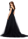 Back view. Black ASHLEYlauren 11376 fairytale-inspired off-shoulder gown featuring an illusion corset bodice, delicate 3D lace flower appliques cascading throughout layers of tulle, and a left leg slit for an ethereal and romantic look.