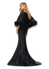 Back view. Black ASHLEYlauren 11381 Fit and Flare Phantom Satin Gown with Modern Scoop Neckline, Feather Detailed Flare Sleeves, and Horsehair Hem Skirt