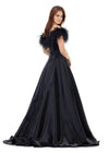Back view. Black ASHLEYlauren 11382 Elegant Off Shoulder Ball Gown in Phantom Satin with Feather Accent Neckline and Flowing A-Line Skirt