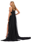 Back view. Black ASHLEYlauren 11399 stunning gown featuring a halter neckline, intricate liquid beading, crystal-accented illusion cut outs, and a dramatic chiffon cape for a glamorous and show-stopping look.