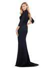 Back view. Black ASHLEYlauren 11418 Elegant Fitted Scuba Gown with Classic Square Neckline, Three Quarter Length Sleeves, Tonal Waist Belt, and Mermaid Skirt