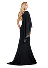 Back view. Black ASHLEYlauren 11421 Classic One Shoulder Fitted Scuba Gown with Dramatic Ruffle Capelet Adorned in Press On Stones