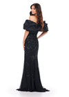 Back view. Black ASHLEYlauren 11433 Show-Stopping Fully Beaded Gown with Dramatic Off Shoulder Taffeta Puff Sleeves and Glamorous Silhouette