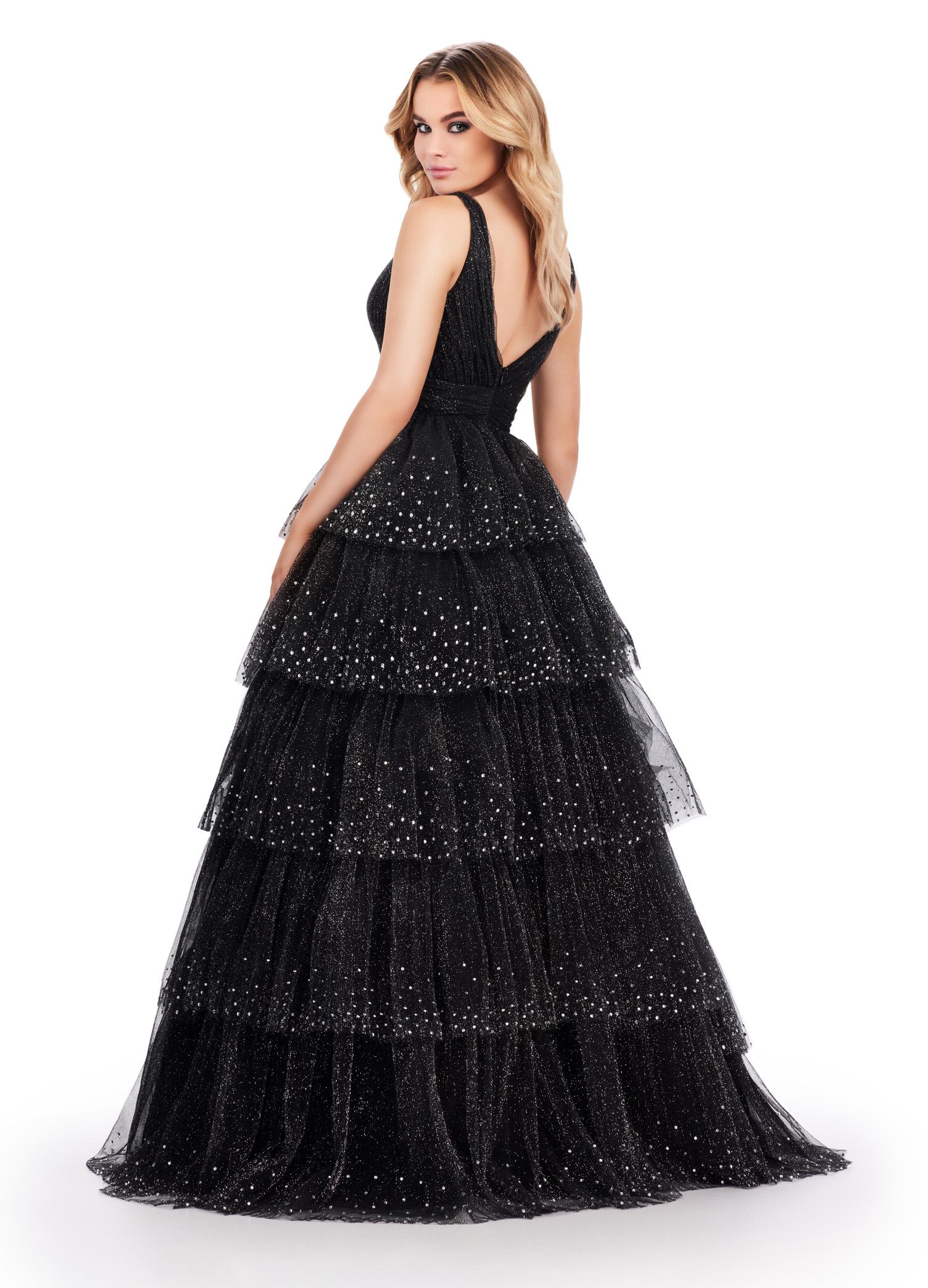 Back view. Black ASHLEYlauren 11672 Sparkling Glitter Tulle Ball Gown with V-Neckline, V-Back, Heat-Set Stones, and Voluminous Multi-Tiered Ruffle Skirt