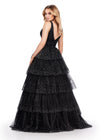 Back view. Black ASHLEYlauren 11672 Sparkling Glitter Tulle Ball Gown with V-Neckline, V-Back, Heat-Set Stones, and Voluminous Multi-Tiered Ruffle Skirt