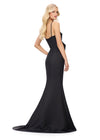Back view. Black ASHLEYlauren 11702 Classic Satin Evening Gown with Spaghetti Straps, Illusion V-Neckline, and Statement Oversized Bow