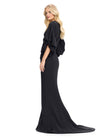 Back view. Black ASHLEYlauren 11740 Timeless Fitted Scuba Gown with Elegant V-Neckline, Embellished Balloon Sleeves, Press On Stone Accents, and Wrap Skirt Design