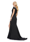 Back view. Black ASHLEYlauren 11749 Elegant One Shoulder Satin Gown with Beaded Strap Detail, Flattering Ruched Bodice, Left Leg Slit, Wrap Skirt, and Sweep Train