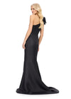 Back view. Black ASHLEYlauren 11759 elegant satin gown featuring a one shoulder neckline, dramatic oversized bow detail, and a left leg slit for a timeless silhouette.