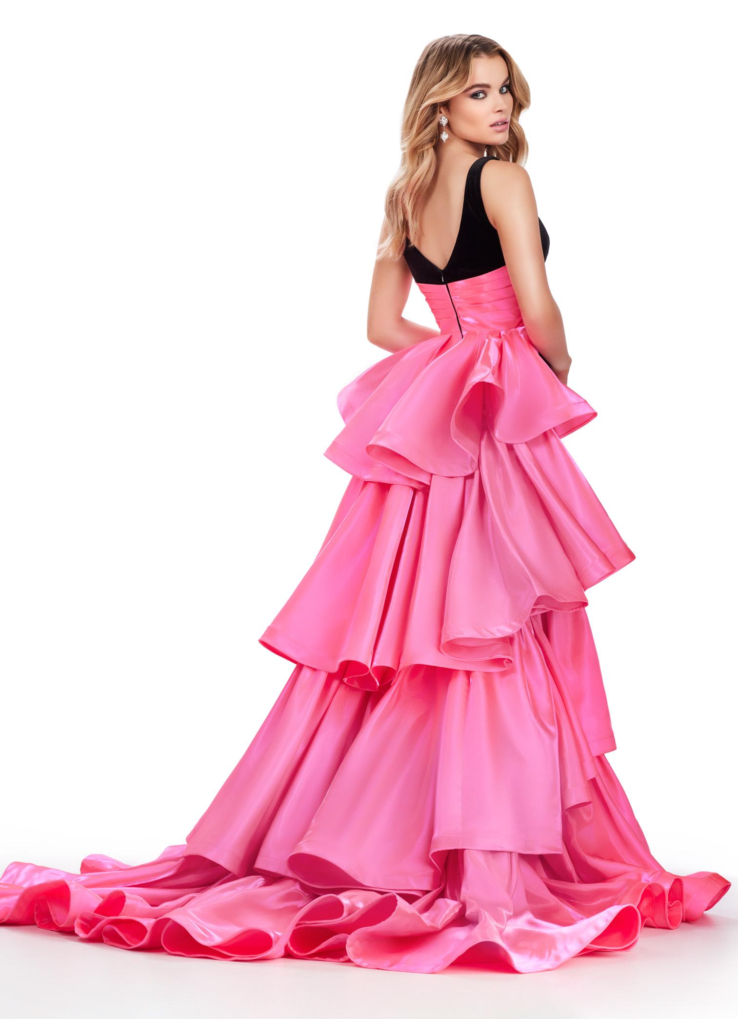 Back view. Black/Pink ASHLEYlauren 11643 Velvet Gown with Illusion V-Neckline, Satin Belt, Ruffled Heavy Satin Overskirt, and Velvet Column Skirt