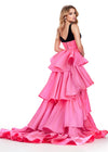 Back view. Black/Pink ASHLEYlauren 11643 Velvet Gown with Illusion V-Neckline, Satin Belt, Ruffled Heavy Satin Overskirt, and Velvet Column Skirt