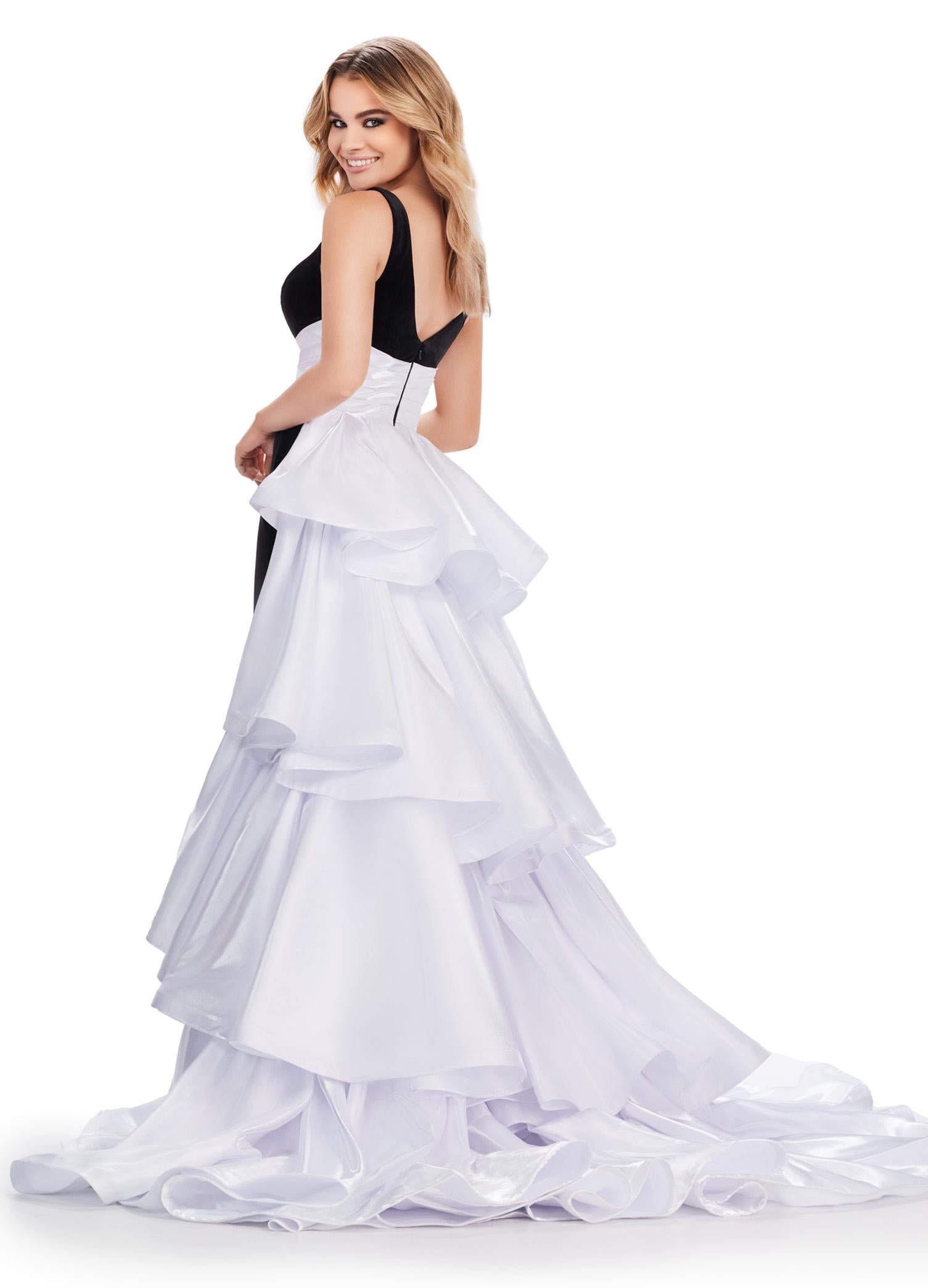 Back view. Black/White ASHLEYlauren 11643 Velvet Gown with Illusion V-Neckline, Satin Belt, Ruffled Heavy Satin Overskirt, and Velvet Column Skirt