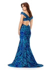 Back view. Blue ASHLEYlauren 11330 elegant off shoulder velvet sequin gown featuring a signature criss-cross back, a fitted silhouette, horsehair hem, and a sweep train for a sophisticated and glamorous look.