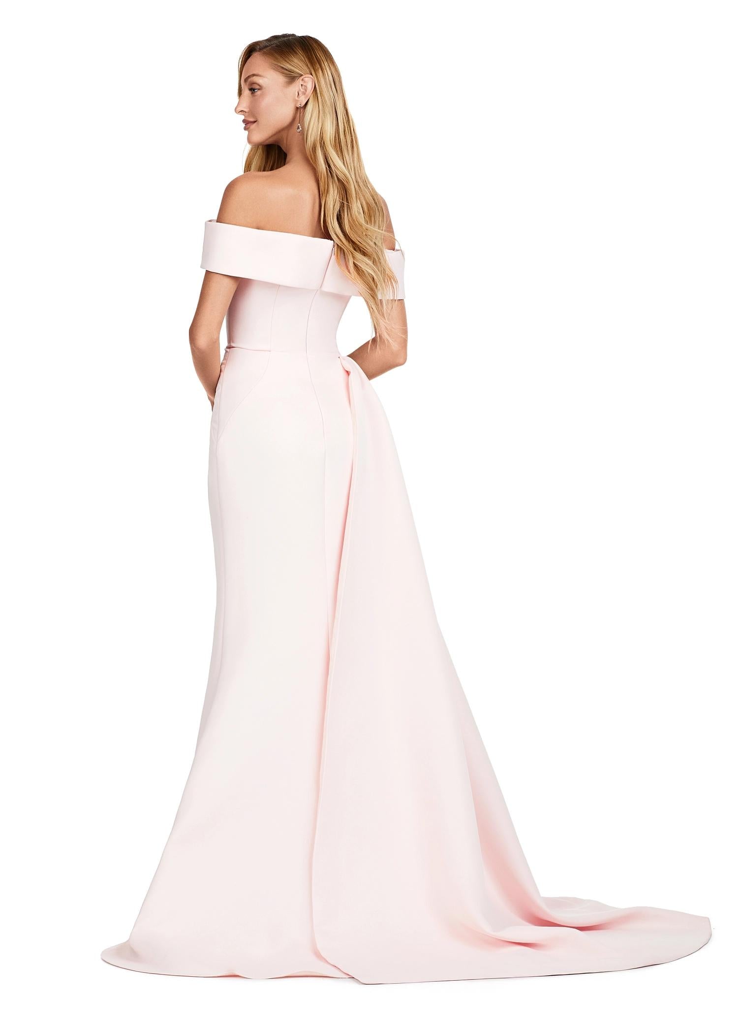 Back view. Blush ASHLEYlauren 11425 Elegant Off Shoulder Evening Gown in Double Faced Satin with Sparkling Beaded Accents and Flowing Side Overskirt