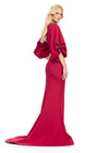 Back view. Burgundy ASHLEYlauren 11740 Timeless Fitted Scuba Gown with Elegant V-Neckline, Embellished Balloon Sleeves, Press On Stone Accents, and Wrap Skirt Design